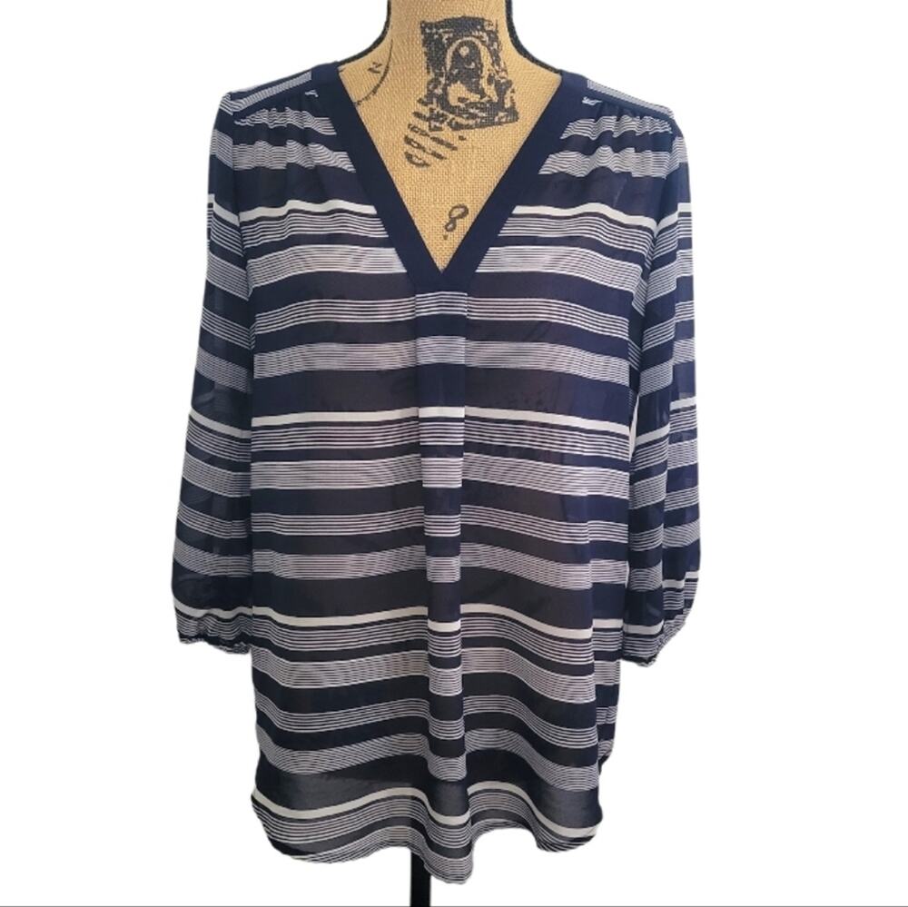 Small Ann Taylor Loft navy blue white striped v-neck blouse